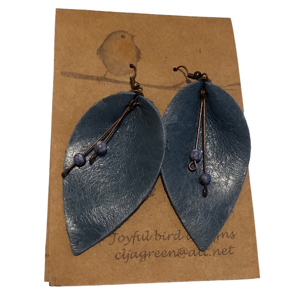 Joyful Bird Designs Leather Leaf Earrings Blue NEW